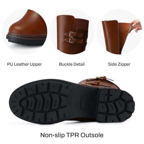 SHIBEVER Women's Knee High Boots: Round Toe Side Zipper Motorcycle Riding Boots - Low Block Heel Tall Fall Boots 20253