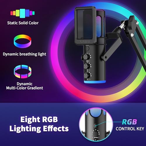 Gaming Microphone, USB Condenser Mic for PC, PS4/5 and Mac, Noise Cancellation Computer Mic with Mute, Reverb, Monitoring, Adjustable Boom Arm, Pop Filter for Streaming/Podcasting/Recording/YouTube
