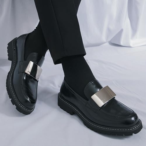 Men's Fashion Metal Buckle Slip-On Penny Loafers Comfortable Soft Leather Platform Chunky Heel Business Casual Formal Shoes 5