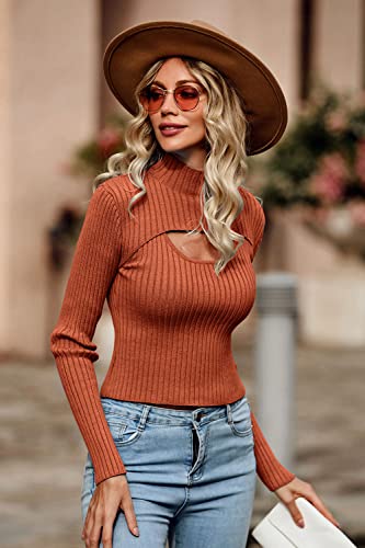 Prettygarden Women's 2023 Fashion Fall Clothes 2 Piece Cutout Tops Long Sleeve Mock Neck Rib Knit Winter Pullover Sweater (Rust Red,Medium) #TOP3