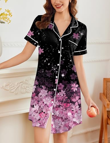 Image of Ekouaer Nightgowns for Women Button Down Sleepshirt Short Sleeve Nightshirt Boyfriend Pajamas V Neck Nightdress S-XXXL