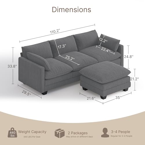 Image of Gizoon 110'' Oversized L Shaped Couch for Living Room, Cloud Couches with Washable Corduroy Cover, Modern 4-Seater Comfy Deep-Seat Sofa with Movable Ottoman and 2 Throw Pillows for Apartment, Gray
