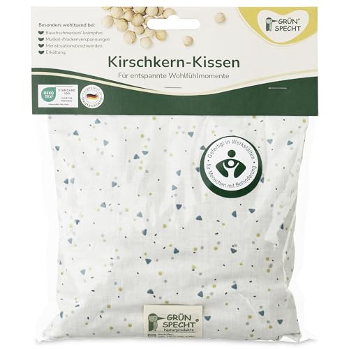 GRÜNSPECHT Kirschkern-Kissen 19x19cm, Wärmekissen für Nacken, Bauch & Rücken, Bezug aus 100% Baumwolle, für Mikrowelle & Backofen, Dreiecke...