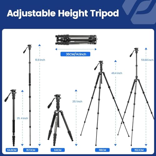 Image of Fotopro 59 inch Carbon Fiber Travel Tripod, Compact Video Tripods with Fluid Head, Detachable Monopod with Quick Release Plate and Bag, Camera Tripod Load up to 8KG /17.63lbs