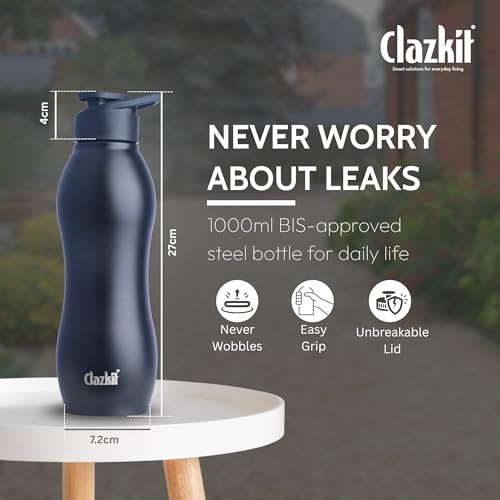Image of Clazkit Platina Stainless Steel Black Matte Finish Water Bottle Set of 2 |ISI Certified | Leakproof, Rust-Free, BPA-Free, Durable for Fridge, Sports, Gym, Yoga & Office-Easy to Clean & Reusable-1000ml