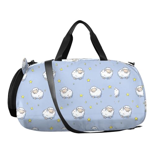 Blue Cute Sheep and Yellow Stars CuwrYet Duffel Bag Sports Gym Bag Travel Overnight Bag With Shoe Compartment School Dance Tote Weekender Bag For Boys Girls Kids2