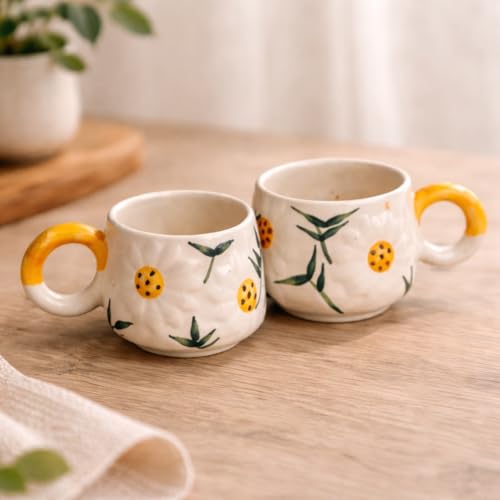 Image of Handcrafted Ceramic Floral Coffee Mug | Daisy Flower Design Tea & Coffee Cup for Home, Office & Gifting | Microwave Safe Mug (Sunflower Set of 1)