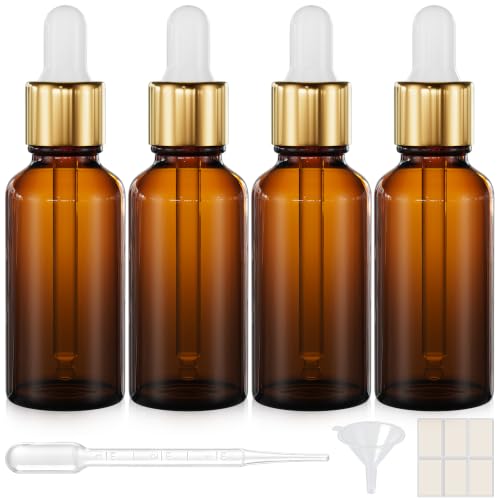 PrettyCare 4 Pack 1oz Dropper Bottle for Essential Oils, 30 ml Amber Glass Essential Oils Bottles with Labels, Funnels- Empty Leak Proof Tincture Bottles for Comestic & Beauty
