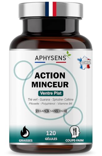 Bruleur de Graisse Puissant et Naturel – Guarana, Spiruline,Thé vert – Coupe Faim, Effet Minceur – Perte de Poids Rapide Homme et Femme – 120 Gélules – Fabriqué en France – Aphysens