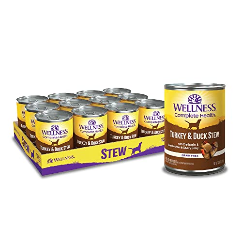Image of Wellness Complete Health Stew Adult Canned Wet Dog Food, Grain Free, Natural, Turkey and Duck Recipe, 12.5 oz, Pack of 12 Cans
