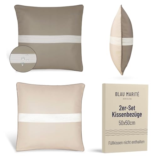 Blau Marité 2er Set Outdoor Kissenbezüge 50x50 cm – wasserdicht, schmutzabweisend, UV-beständig – weich & waschbar – Zierkissenhüllen für Garten, Balkon, Terrasse, Innen- & Außenbereich – Braun