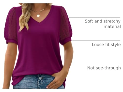 Image of Aokosor Womens Summer Tops V Neck T Shirts Swiss Dot Puff Sleeve Tops Loose Casual Tshirts