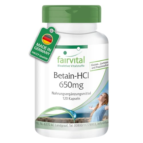 Fairvital | Betain HCl 650mg - 120 Kapseln - Betain Hydrochlorid Kapseln - mit Pepsin - HOCHDOSIERT - VEGAN