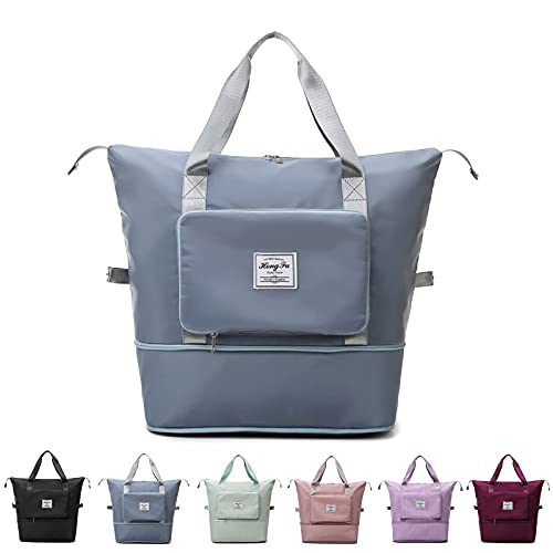 Bolsa de viagem dobr�vel de grande capacidade, port�til, dobr�vel, leve, imperme�vel, tecido Oxford, bolsa esportiva de separa��o seca e molhada para mulheres, Azul