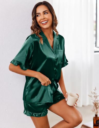 Image of Ekouaer Satin Pajama Set for Women 2 Piece Pj Sets Short Sleeve Sleepwear