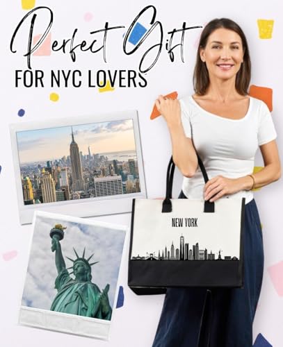 Image of InnoBeta New York City Skyline Gifts Canvas Tote Bag for NYC Lovers, Women, NYC Themed Gifts Bag with Top Zipper Closure and Shoulder Strap, Skyline Map Gifts or Birthday, Thanksgiving, Christmas