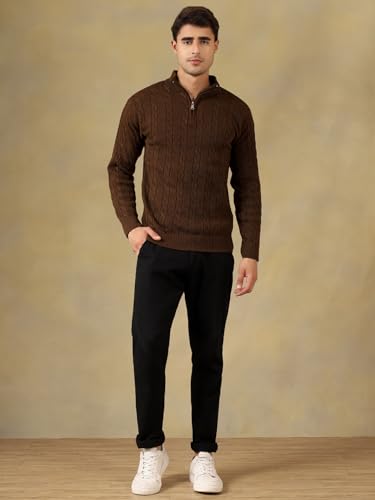 Image of Kvetoo Men's Wool High Neck Zipper Sweater, Full Sleeve Cable Knit Quarter Zip Winter Pullover