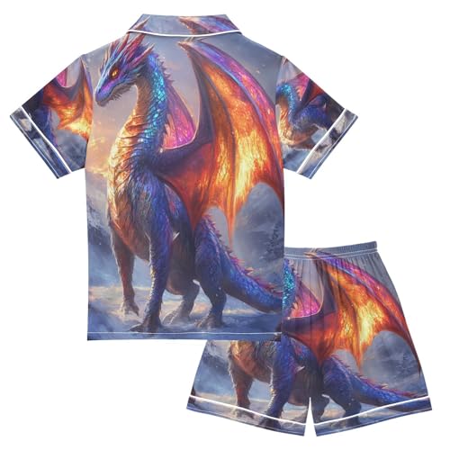 Satin Pajama Sets Short Sleeve Fantasy Dragon Button Down Silky Nightwear 2 Piece PJS 5-14Y2