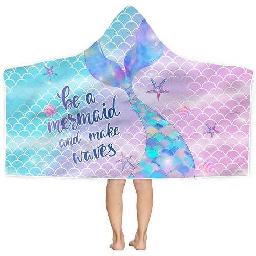Bonsai Tree Mermaid Hooded Beach Towel,Kids Little Mermaid Tail Poncho Towel for Girls,Quick Dry 30”x50” Pink Bath Towel for Pool Swiming