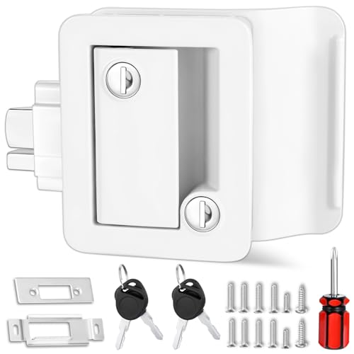 Image of RV Door Lock Replacement, 100% Metal Camper Door Handle Latch with Paddle Deadbolt, RV Enclosed Travel Trailer Entry Door Lock with Keys for Camper Horse Trailer Cargo Hauler - White