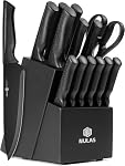 Knife Set, 15 Piece Kitchen Set with Block, Self Sharpening, Dishwasher Safe, 6 Steak Knives, Anti-Slip Handle, Black
