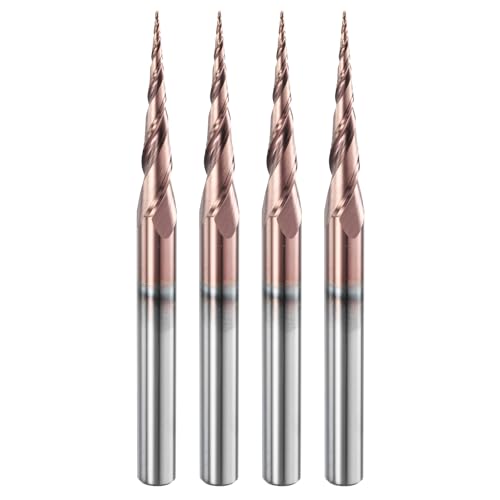 Image of HARFINGTON 4 Pcs Ball Nose End Mill 2 Flute 0.02 inch Diameter 1 /4 inch Shank Tungsten Carbide TiAlN Coated Spiral CNC Router Bits 1.25 inch Cutting Length Single End Ball for Carving Engraving Grinding