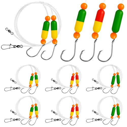 Pompano Rig Saltwater Surf Fishing Rigs Double Drop Leader Rigs with Hooks Floats Beads & Snap Easy Pre-Tied Terminal Tackle for Pompano Whiting Redfish (Assorted ColorsA 6 Pack)