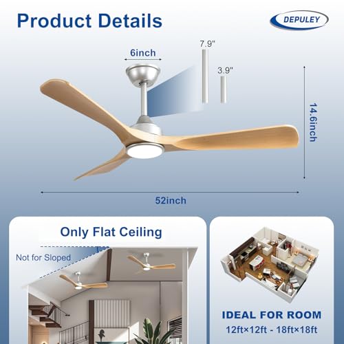 Image of Depuley 52-Inch Ceiling Fan with Light: Wood Grain 3 Blade Outdoor Fandelier Ceiling Fans with Lights for Patios - Dimmable Indoor Fan with Remote Control Reversible DC Motor for Porch Living Room