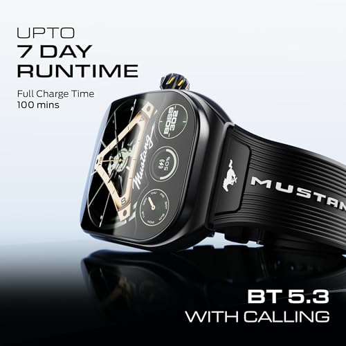 Image of GOBOULT Mustang Muscle Smart Watch 2.01'' 3D Curved Display, Convertible Strap, Premium Metallic Crown, BT Calling, 600 Nits Brightness, AI Voice Assistant, IP68 (Extra Strap, Black Eclipse)