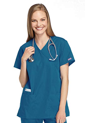 Cherokee Women's Workwear Scrubs Tie Back Mock Wrap Tunic, Caribbean Blue, 2X-Large