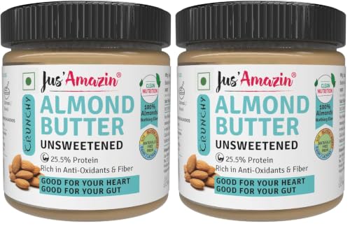 Image of Jus' Amazin Crunchy Almond Butter - Unsweetened (200 g) | 25% Protein | Only Pure Whole Almonds | Zero Additives /Chemicals | Plant Based, Dairy Free, Keto | Clean Nutrition, 0% Chemicals (Pack of 2)
