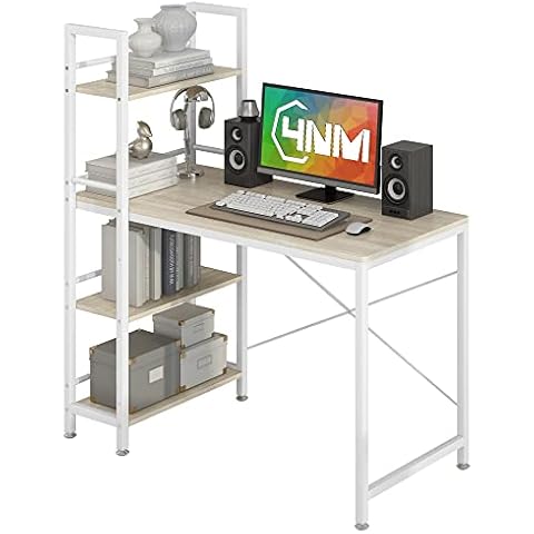 4NM Computer Desk with 4-Tier Bookshelf, 47 inches Home Office Desk Writing Workstation Study Table Multipurpose Space-Saving Desk - Natural and White Cover