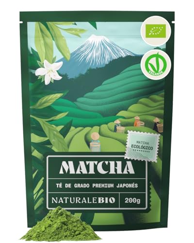 NaturaleBio Té Verde Orgánico en Polvo - 200g - Té Matcha Biológico Japonés, Bio Grado Premium - Cultivado en Japón, Uji, Kyoto - Ideal para Beber, Cocina y Latte