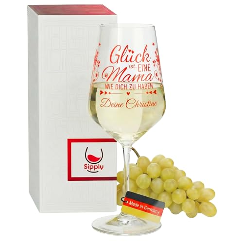 Sipply Weinglas Glück ist eine Mama personalisiert mit Name 530 ml Geschenke zum Geburtstag Weihnachten Muttertag für Frauen Mutter Oma Weinliebhaber
