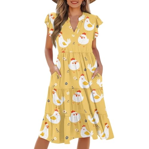 Image of Women's Casual Ruffle Sleeve Dress V Neck Pullover Dress Flowy A-Line Pleated Lightweight Dress with Pockets