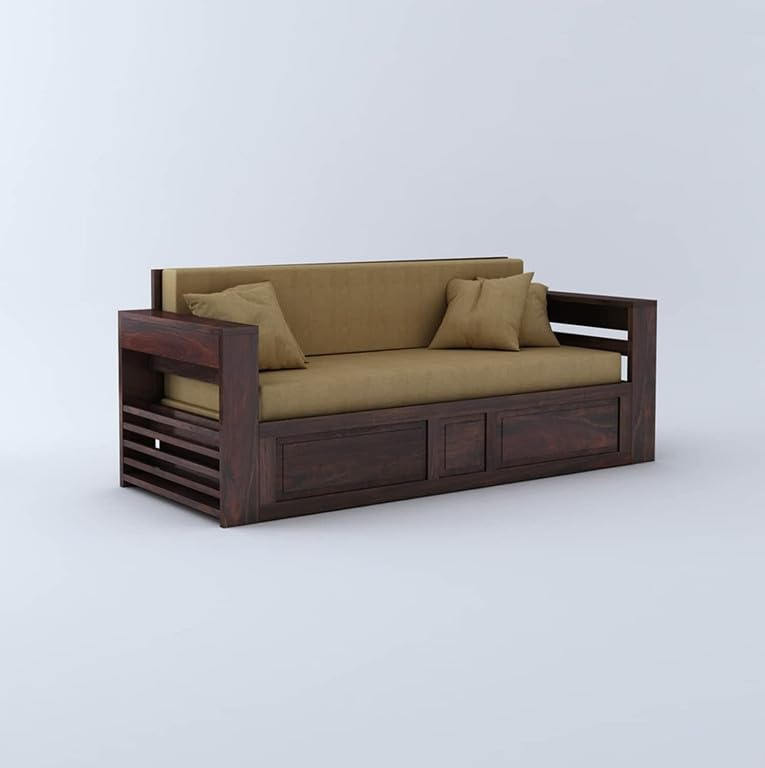 Image of Solid Sheesham Wood Sofa Cum Bed 2 Seater | Wooden Foldable Double Bed for Living Room with Headboard & Storage | Bed Cum Sofa with Mattress for Home | Dalla Design (Walnut Finish)