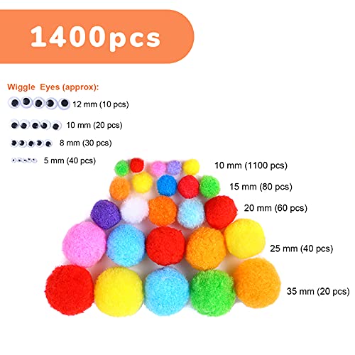 Caydo 1400Pcs 5 Sizes Multicolor Pom Poms Assorted Pompoms Balls With 4 Sizes Wiggle Eyes For Kids Creative Diy, Crafts Projects Making And Valentine's Day Decorations #TOP2