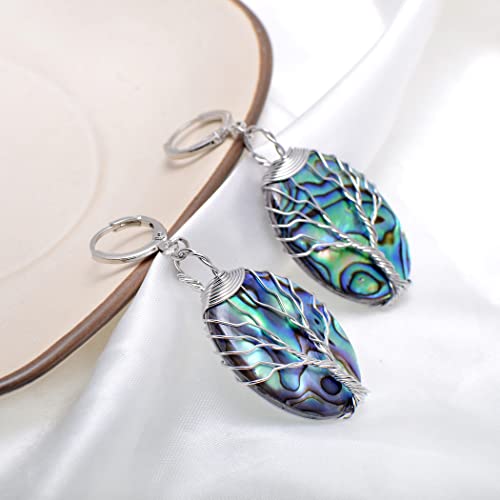 Abalone Shell Tree of Life Dangle Leverback Earrings for Women, Oval Shaped/Iridescent Color4