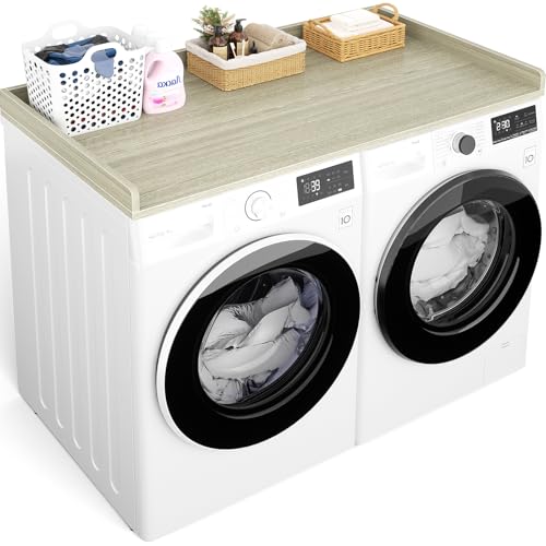 Aheaplus Washer and Dryer Countertop, Laundry Room Organization with Non-Slip Pads, Wood Shelf Topper with Round Corner Edge Rails, Folding Organizer for Laundry, 54' W x 27.5' D, White Oak