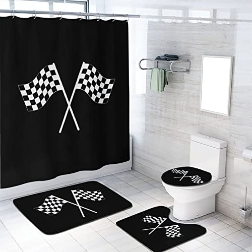 Black and White 4 Pcs Shower Curtain Set Checkered Flag