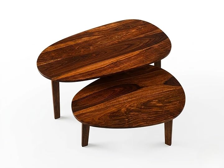 Image of Sheesham Wood Coffee Table Set for Living Room | Nesting Center Table Set of 2 with Oval Top and Tapered Legs | Modern Wooden Tea Table with Space Saving Design | Mid Century Style Furniture | Brown