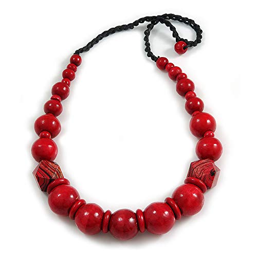 Collier perles bois rouge sautoir femme cordon coton noir 64 cm Avalaya