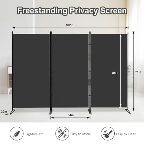 Kokorona 3 Panel Room Divider, 180cm Tall Folding Privacy Screen Wall Dividers, Portable Privacy Screen Freestanding Room Divider for Room Separation, Included - Cover Strips, Grey, 260cm W x 180cm H