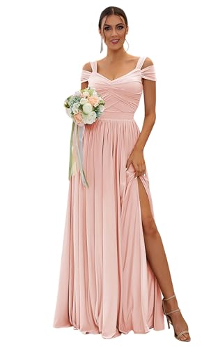Image of SOLODISH Off The Shoulder Bridesmaid Dresses Long Chiffon Formal Evening Dresses for Women