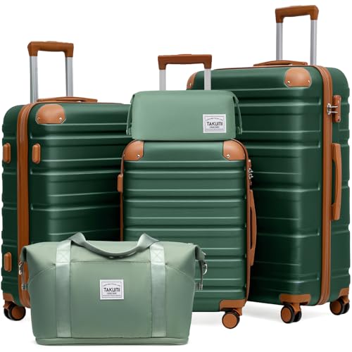 TAKUMI Luggage Sets 5 Piece Lightweight Carry On luggage with Duffel Bag ABS+PC Hardshell Suitcases with YKK zippers Double Spinner Wheels Travel Luggage with TSA Lock(GREEN BROWN, 5 PIECE SET)
