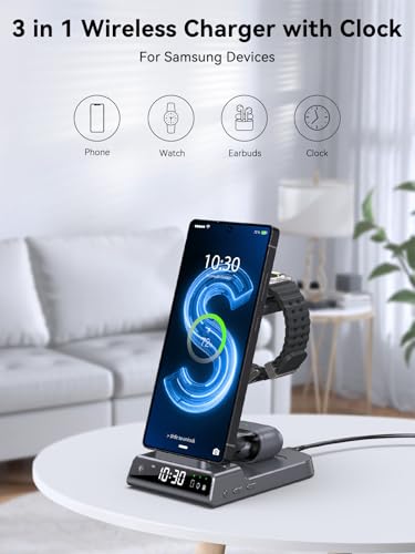 Image of Wireless Charger for Samsung S25 with Clock 3 in 1 Android Charging Station | Charging Station for Galaxy S25 Ultra,Z Flip 7,Fold,Galaxy Bud,Watch Charger for Galaxy Watch 8,7,6,5Pro, Nightstand Charger