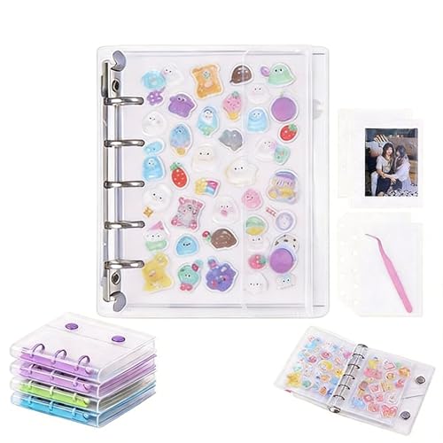 シール帳 透明 バインダー 女の子 M5 A8 A7 A6 サイズ 【リフィル×20枚・チャック付きボケット×2枚・下敷き×2枚・ピンセット×1本】3層構造PPシート プラバン ミニ 仕切り板 ミニバインダー クリア カードポケット シール台紙 カードスリーブ はがせる 手帳 推し活 コラージュノート かわいい (A6)