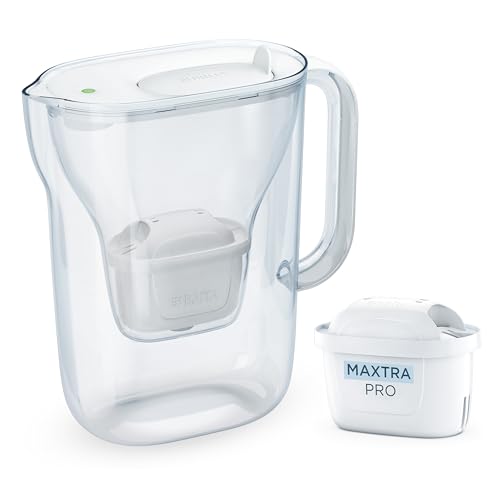 BRITA Dzbanek do wody Style Essential biały (2,4 l) w zestawie 1 x Brita MAXTRA PRO Pure Performance – dzbanek nadaje się do lodówki z Smart Light LED i pokrywą na zawiasach, filtruje zanieczyszczenia