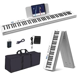 KONIX Folding Piano Keyboard, 88 Key Full Size Semi Weighted Foldable Keyboard Piano, Portable Bluetooth Electric Piano with Sheet Music Stand, Sustain Pedal and Piano Bag, White
