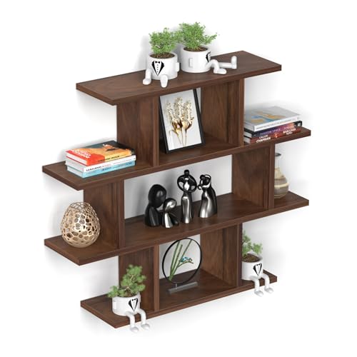 Image of BLUEWUD Senara-4 Layer Wall Mount Design Engineering Wood Bookshelf Filing Cabinet Books Rack Organizer for Decor Display for Library Living Room Study Room (Color - Brown Maple)